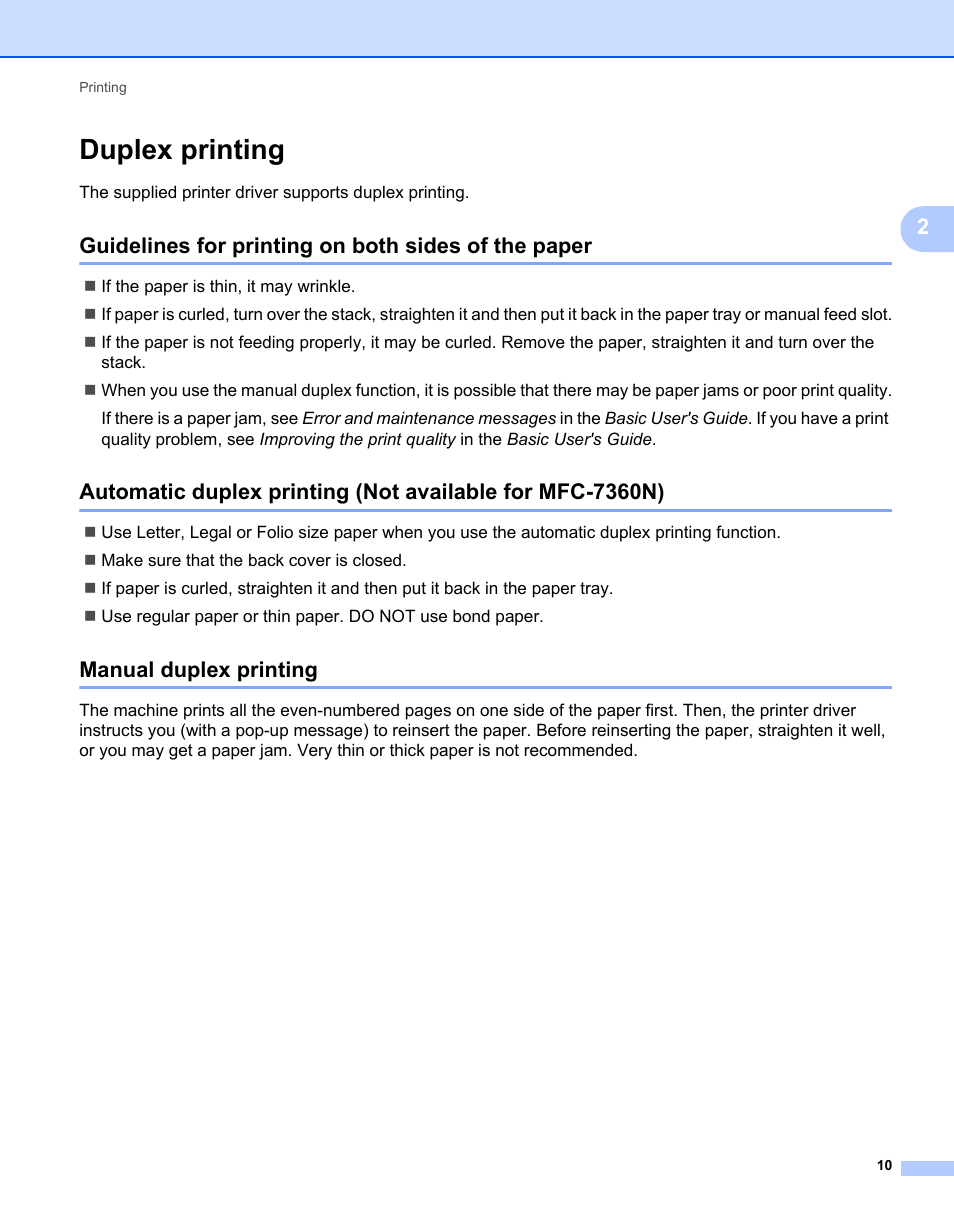 Duplex printing, Guidelines for printing on both sides of the paper, Manual duplex printing | Brother MFC 7360N User Manual | Page 18 / 218