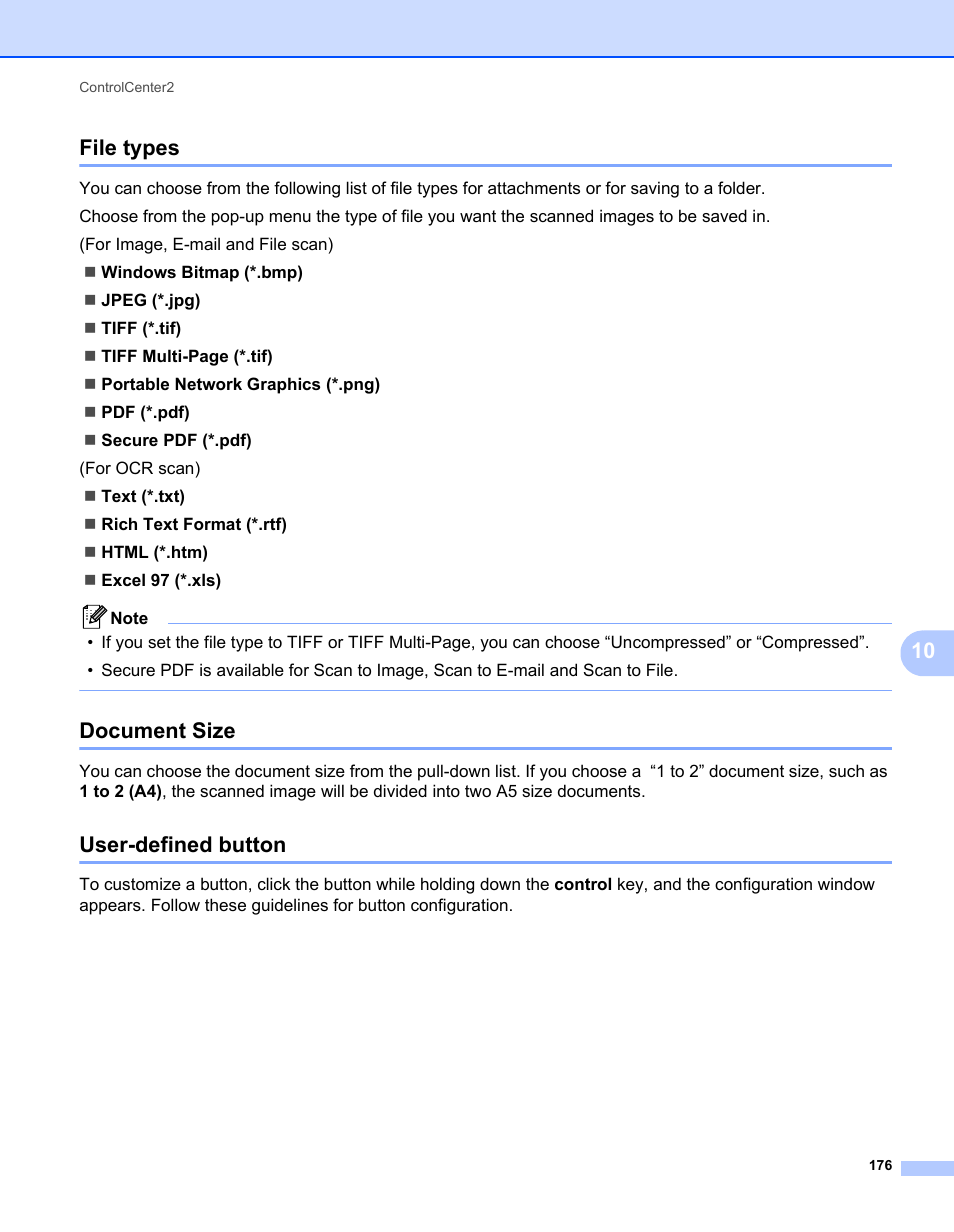 File types, Document size, User-defined button | File types document size user-defined button, 10 file types | Brother MFC 7360N User Manual | Page 184 / 218