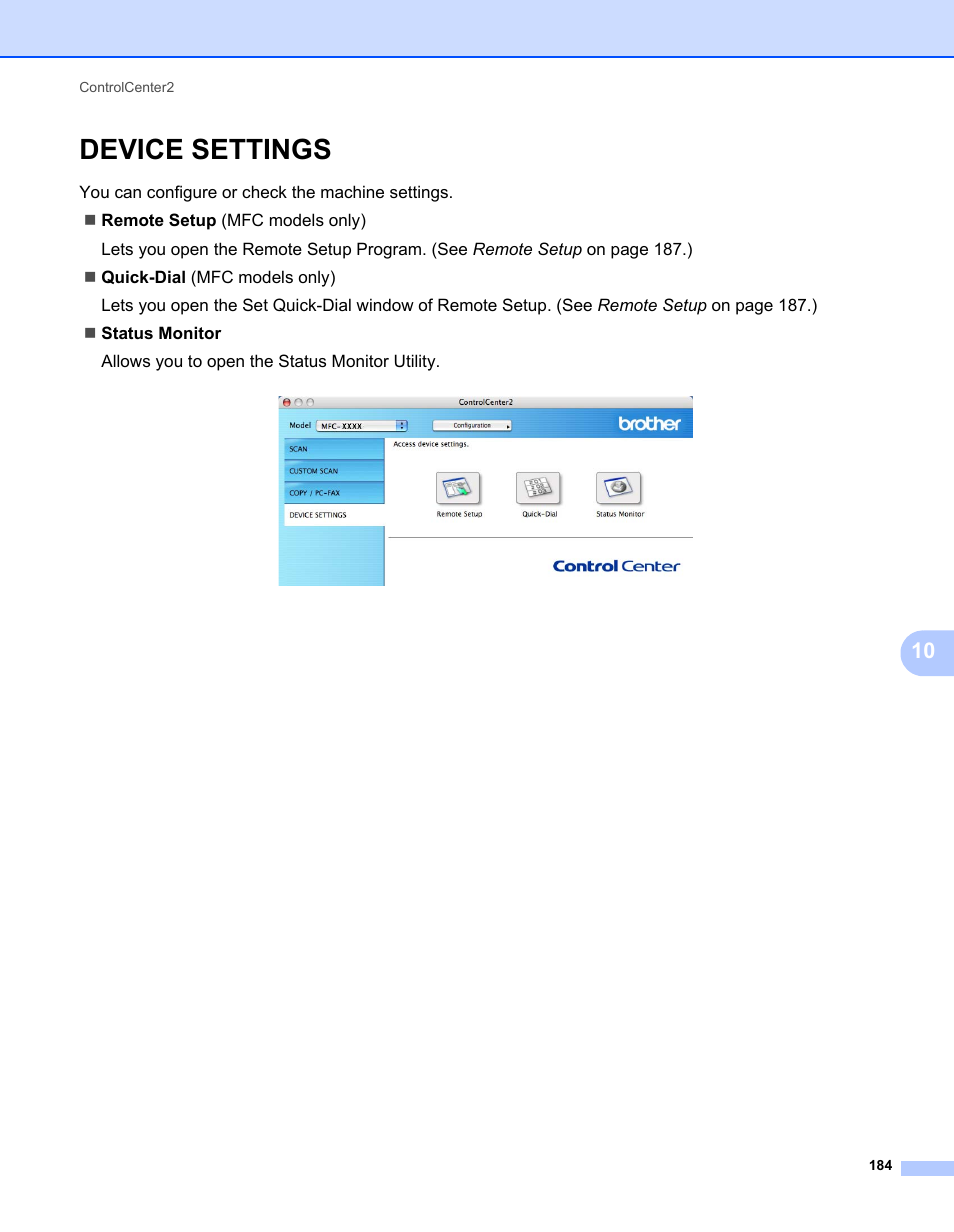 Device settings | Brother MFC 7360N User Manual | Page 192 / 218