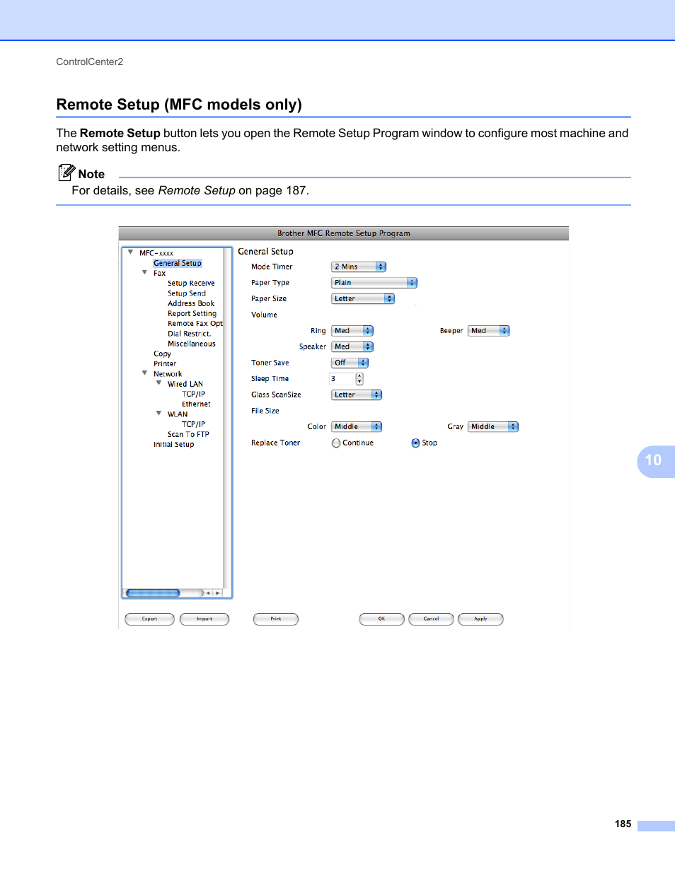 Remote setup (mfc models only), 10 remote setup (mfc models only) | Brother MFC 7360N User Manual | Page 193 / 218