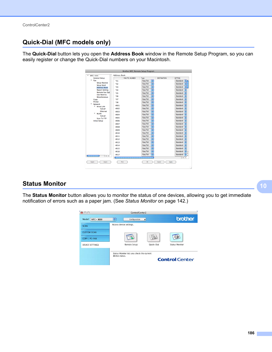 Quick-dial (mfc models only), Status monitor, Quick-dial (mfc models only) status monitor | 10 quick-dial (mfc models only) | Brother MFC 7360N User Manual | Page 194 / 218