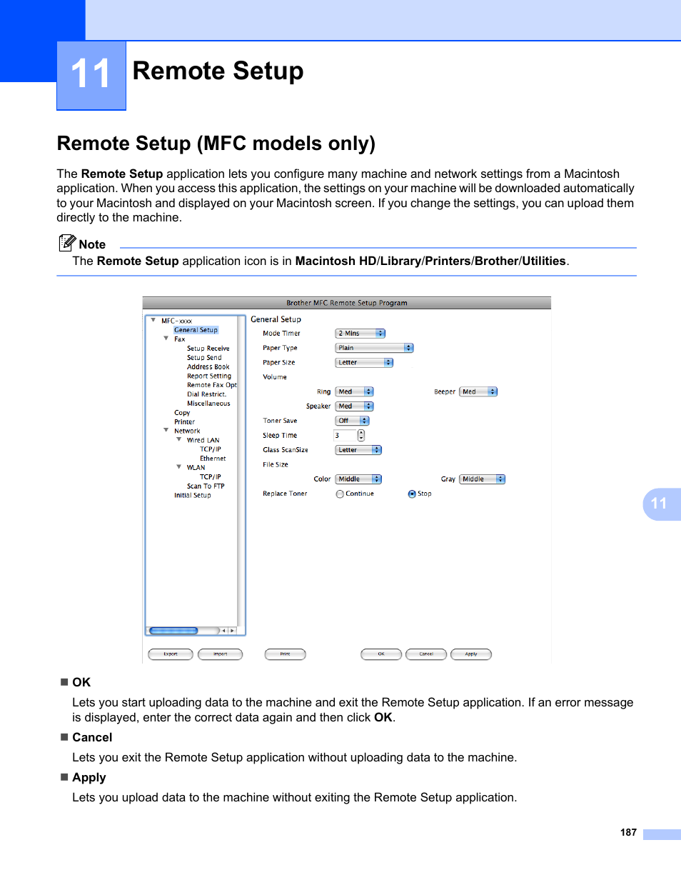 11 remote setup, Remote setup (mfc models only), Remote setup | Brother MFC 7360N User Manual | Page 195 / 218