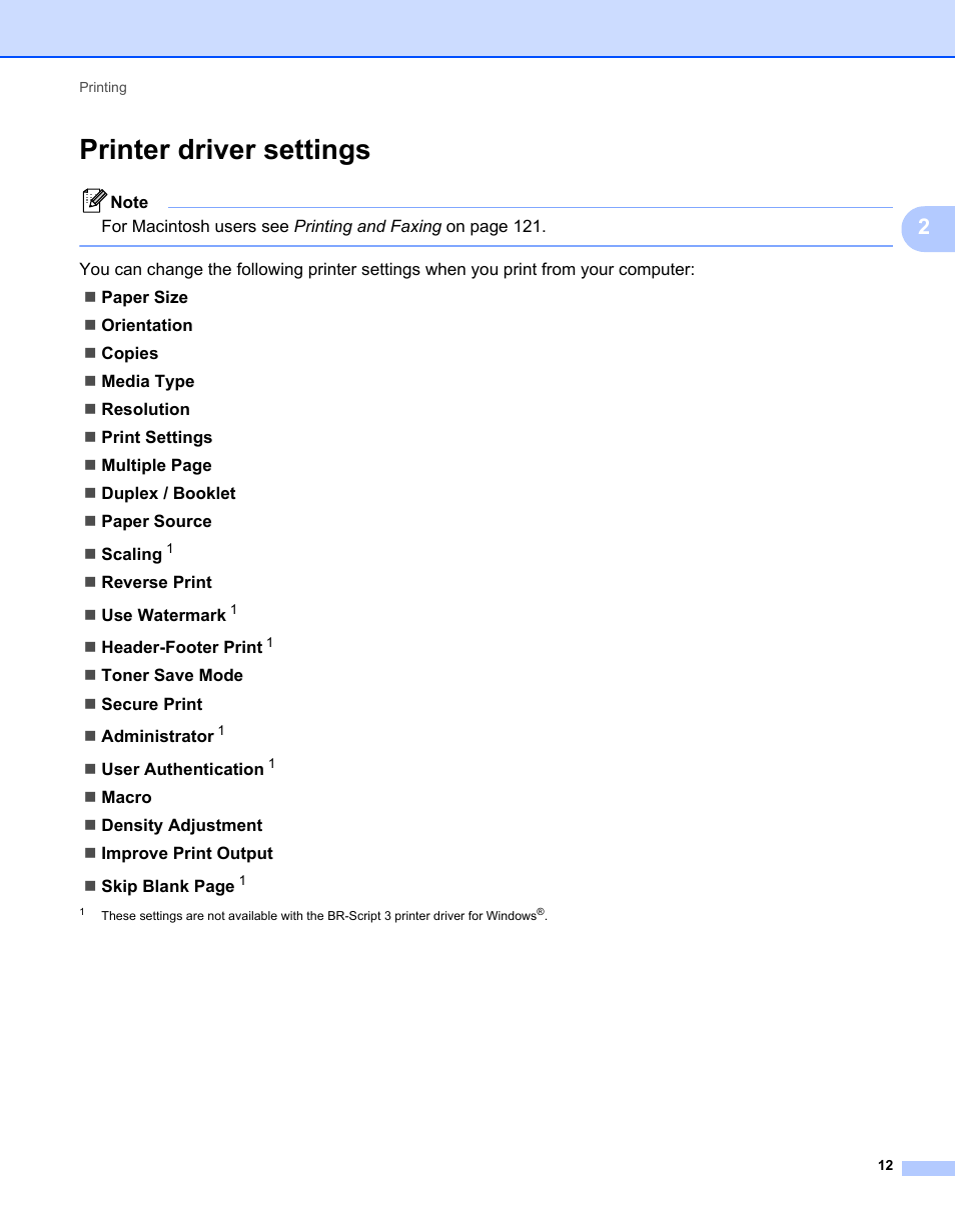 Printer driver settings | Brother MFC 7360N User Manual | Page 20 / 218