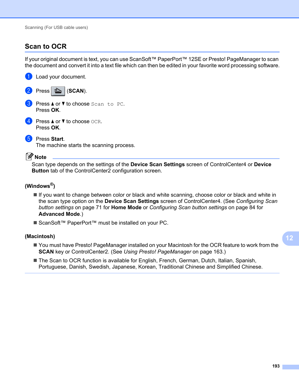 Scan to ocr, 12 scan to ocr | Brother MFC 7360N User Manual | Page 201 / 218