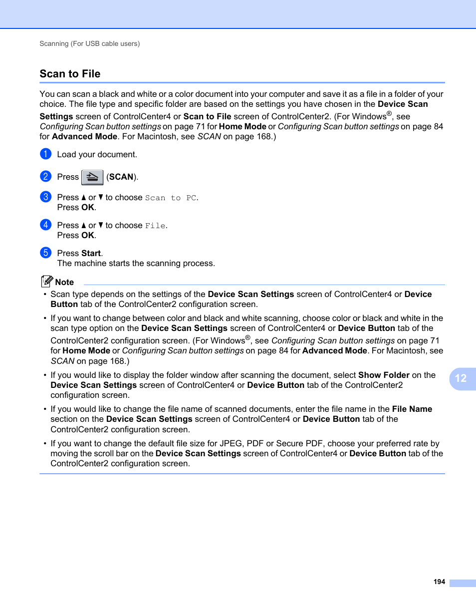 Scan to file, 12 scan to file | Brother MFC 7360N User Manual | Page 202 / 218