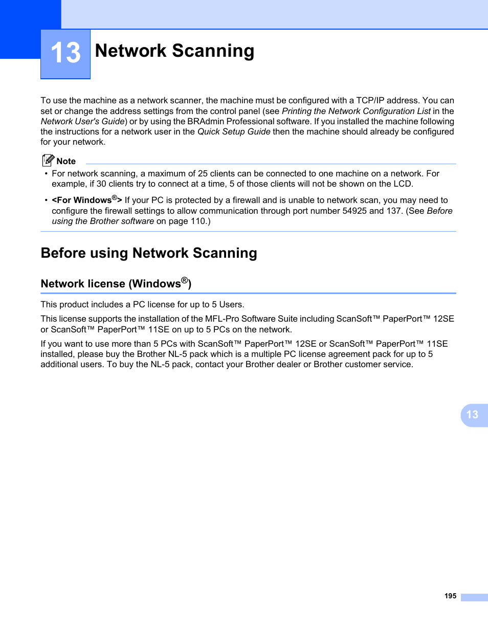 13 network scanning, Before using network scanning, Network license (windows®) | Network scanning, Network license (windows | Brother MFC 7360N User Manual | Page 203 / 218