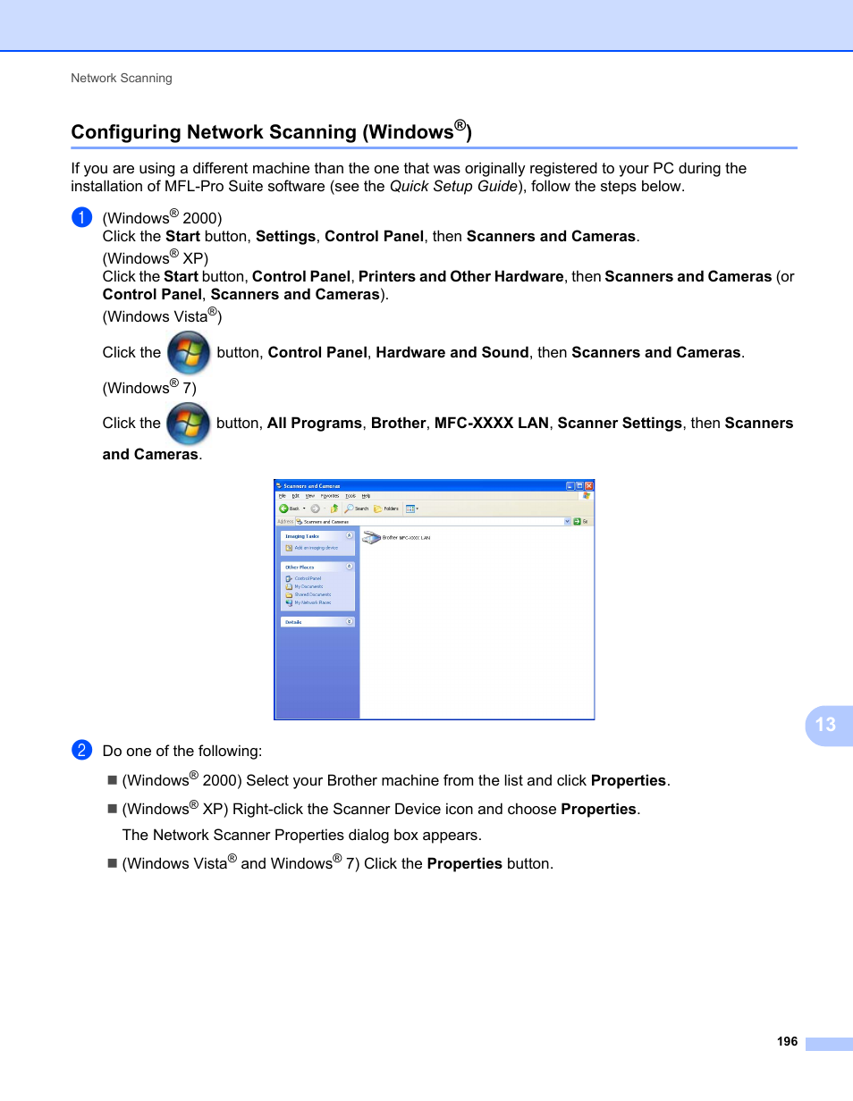 Configuring network scanning (windows®), Configuring network scanning (windows, 13 configuring network scanning (windows | Brother MFC 7360N User Manual | Page 204 / 218