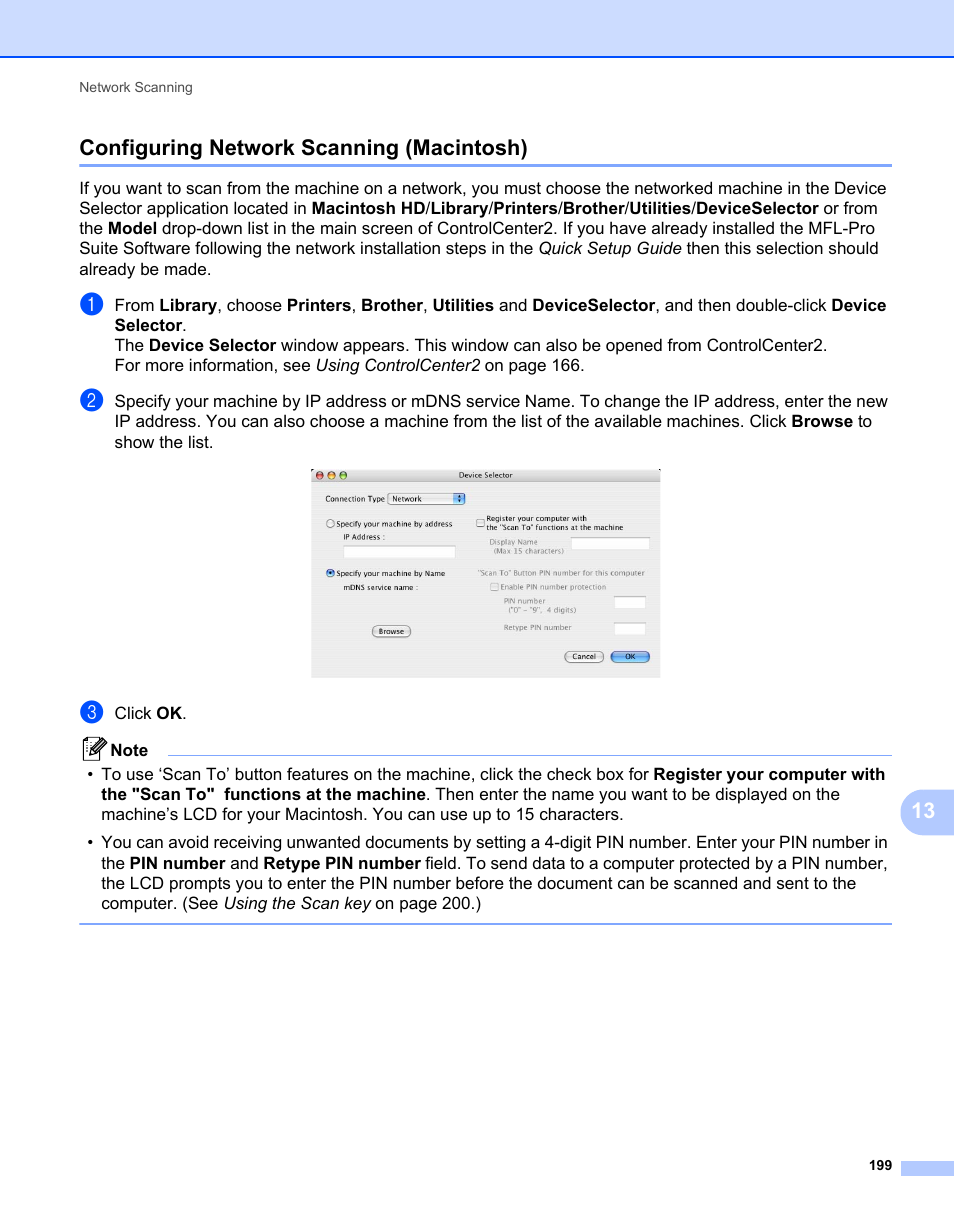 Configuring network scanning (macintosh), 13 configuring network scanning (macintosh) | Brother MFC 7360N User Manual | Page 207 / 218