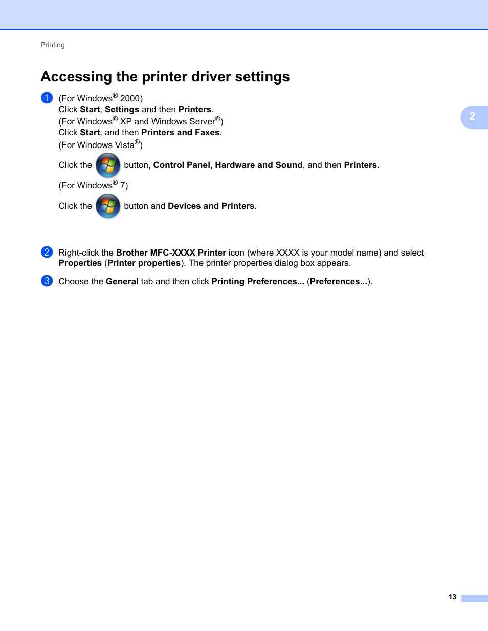 Accessing the printer driver settings | Brother MFC 7360N User Manual | Page 21 / 218