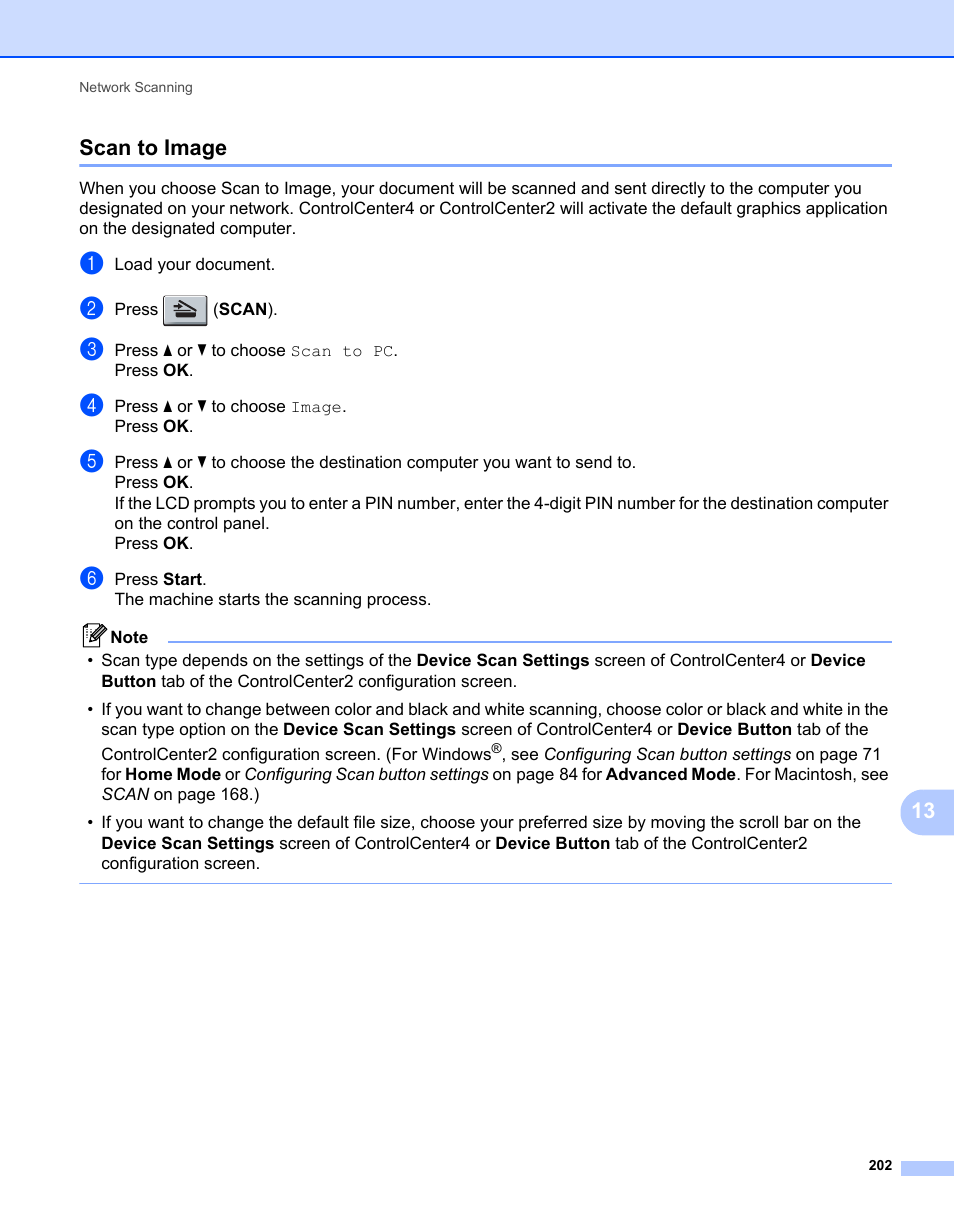 Scan to image, 13 scan to image | Brother MFC 7360N User Manual | Page 210 / 218
