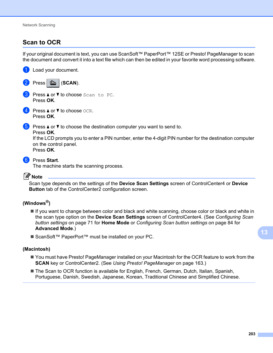 Scan to ocr, 13 scan to ocr | Brother MFC 7360N User Manual | Page 211 / 218
