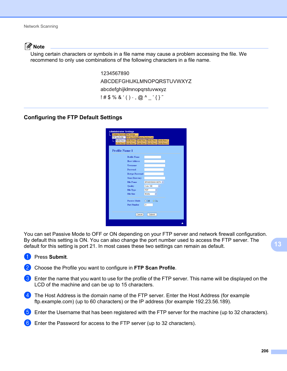 Configuring the ftp default settings | Brother MFC 7360N User Manual | Page 214 / 218