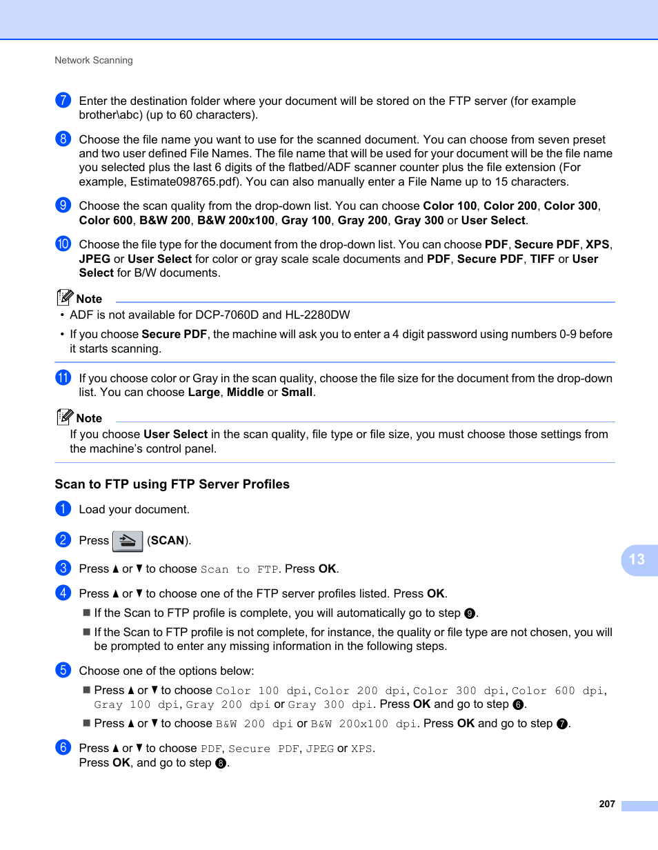Scan to ftp using ftp server profiles | Brother MFC 7360N User Manual | Page 215 / 218