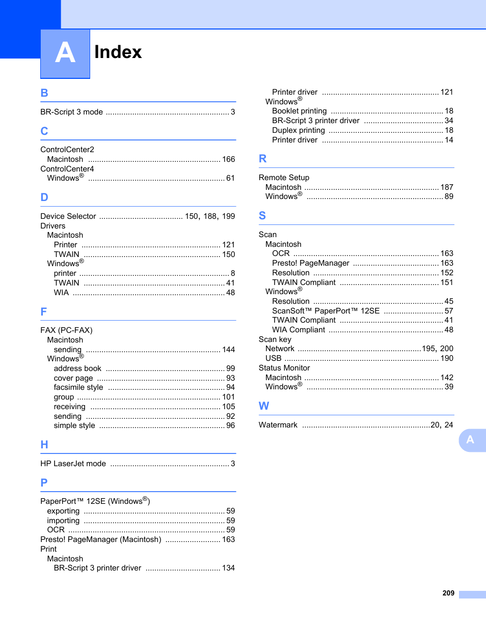 Index | Brother MFC 7360N User Manual | Page 217 / 218