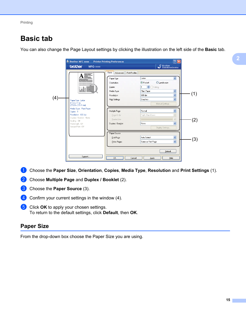 Basic tab, Paper size | Brother MFC 7360N User Manual | Page 23 / 218