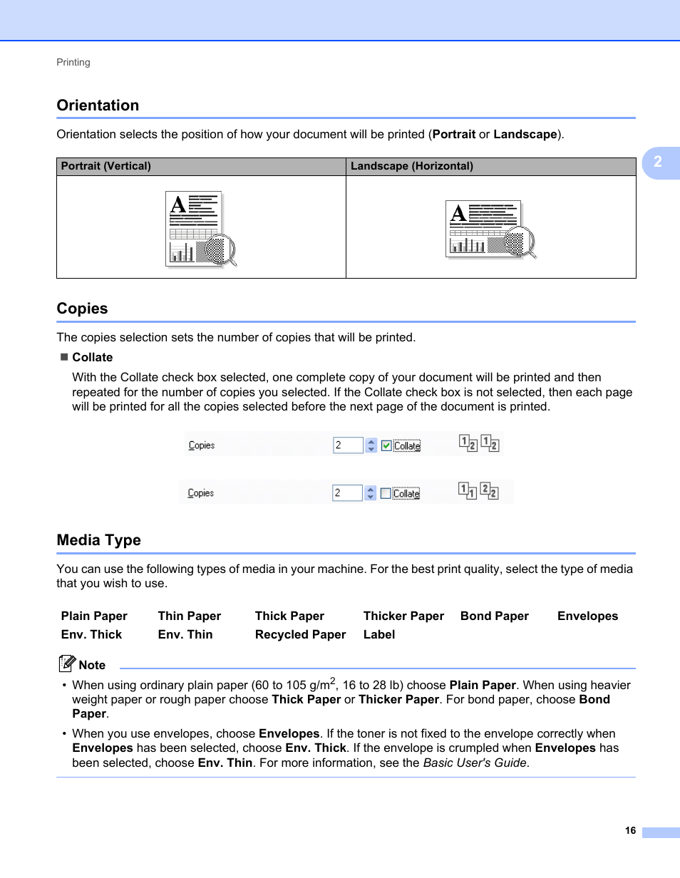Orientation, Copies, Media type | Orientation copies media type, 2orientation | Brother MFC 7360N User Manual | Page 24 / 218