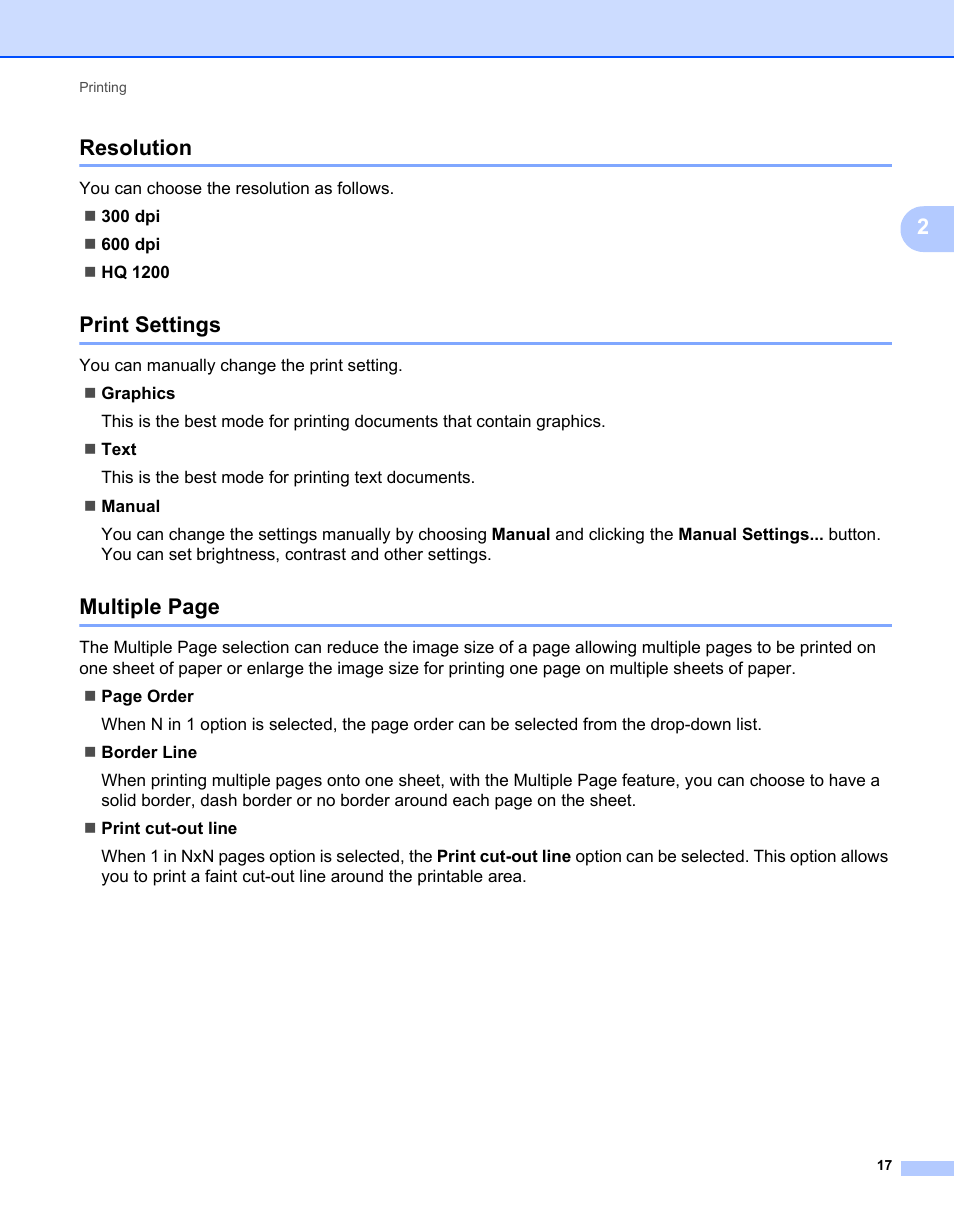 Resolution, Print settings, 2resolution | Multiple page | Brother MFC 7360N User Manual | Page 25 / 218