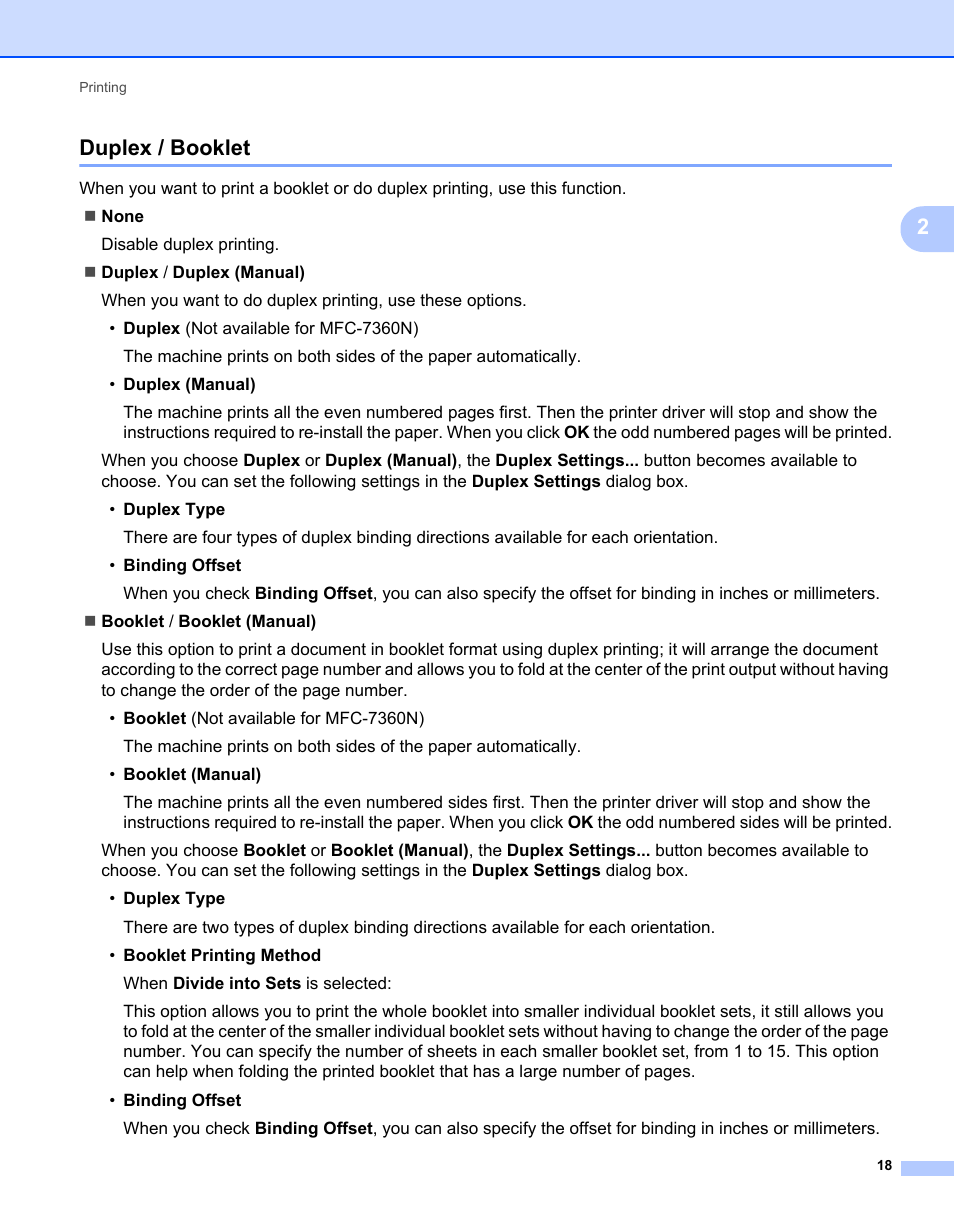 Duplex / booklet, 2duplex / booklet | Brother MFC 7360N User Manual | Page 26 / 218