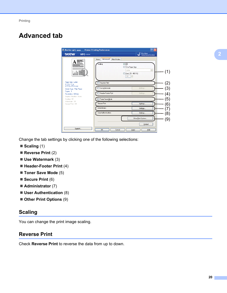 Advanced tab, Scaling, Reverse print | Scaling reverse print | Brother MFC 7360N User Manual | Page 28 / 218