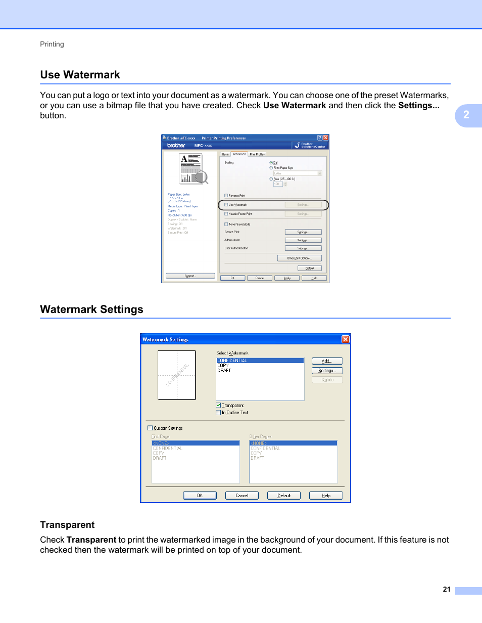 Use watermark, Watermark settings, Transparent | Use watermark watermark settings, 2use watermark | Brother MFC 7360N User Manual | Page 29 / 218