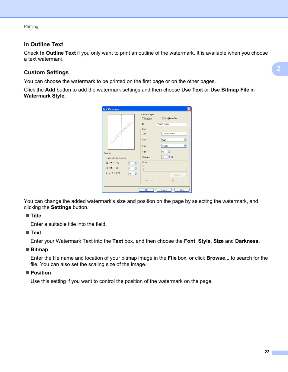 In outline text, Custom settings | Brother MFC 7360N User Manual | Page 30 / 218