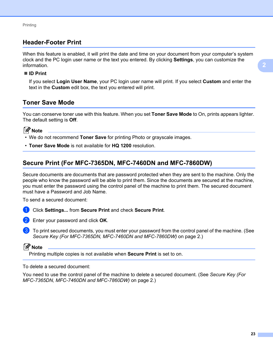 Header-footer print, Toner save mode, E 23, 37, 127 | 2header-footer print | Brother MFC 7360N User Manual | Page 31 / 218