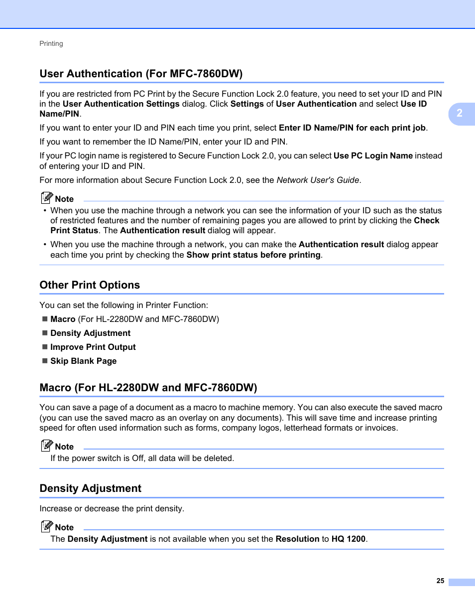 User authentication (for mfc-7860dw), Other print options, Macro (for hl-2280dw and mfc-7860dw) | Density adjustment | Brother MFC 7360N User Manual | Page 33 / 218