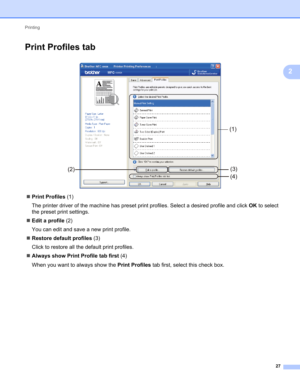 Print profiles tab | Brother MFC 7360N User Manual | Page 35 / 218