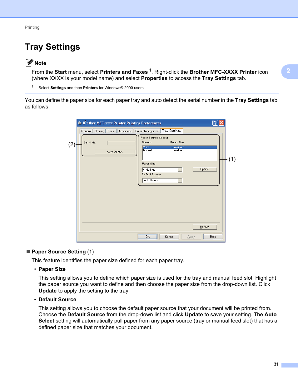 Tray settings | Brother MFC 7360N User Manual | Page 39 / 218
