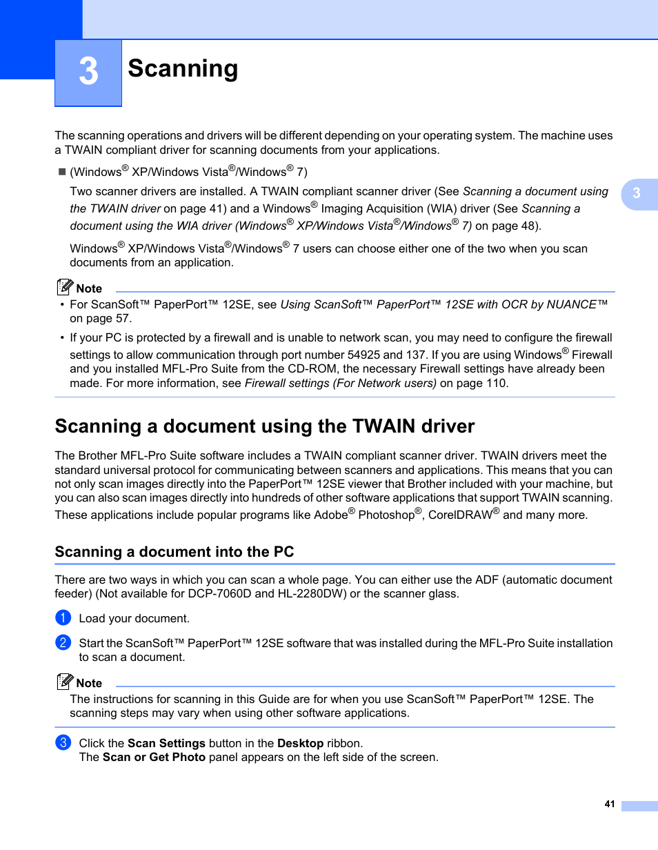 3 scanning, Scanning a document using the twain driver, Scanning a document into the pc | Scanning | Brother MFC 7360N User Manual | Page 49 / 218