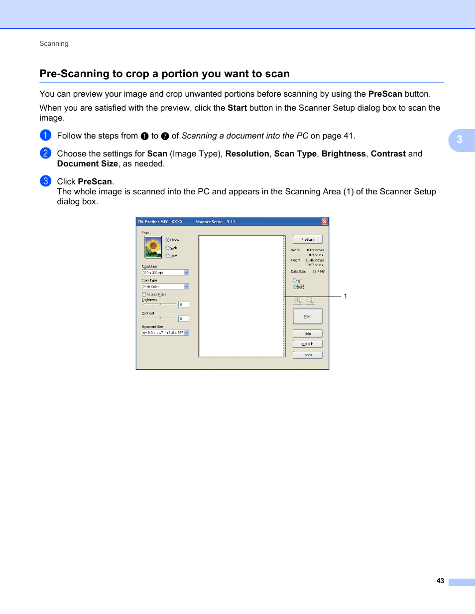 Pre-scanning to crop a portion you want to scan, 3pre-scanning to crop a portion you want to scan | Brother MFC 7360N User Manual | Page 51 / 218