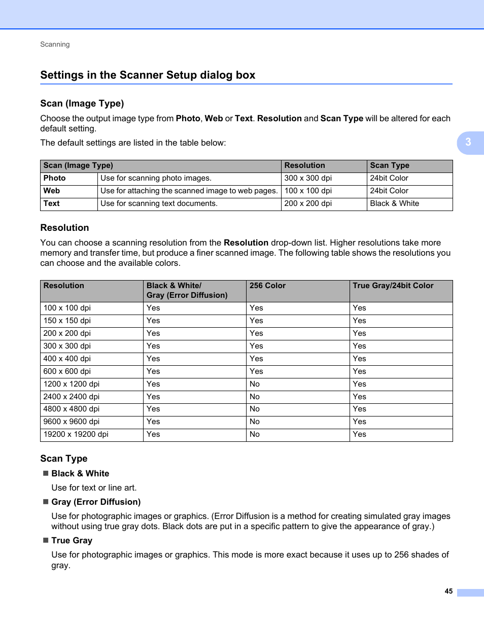 Settings in the scanner setup dialog box, Scan (image type), Resolution | Scan type, 3settings in the scanner setup dialog box | Brother MFC 7360N User Manual | Page 53 / 218