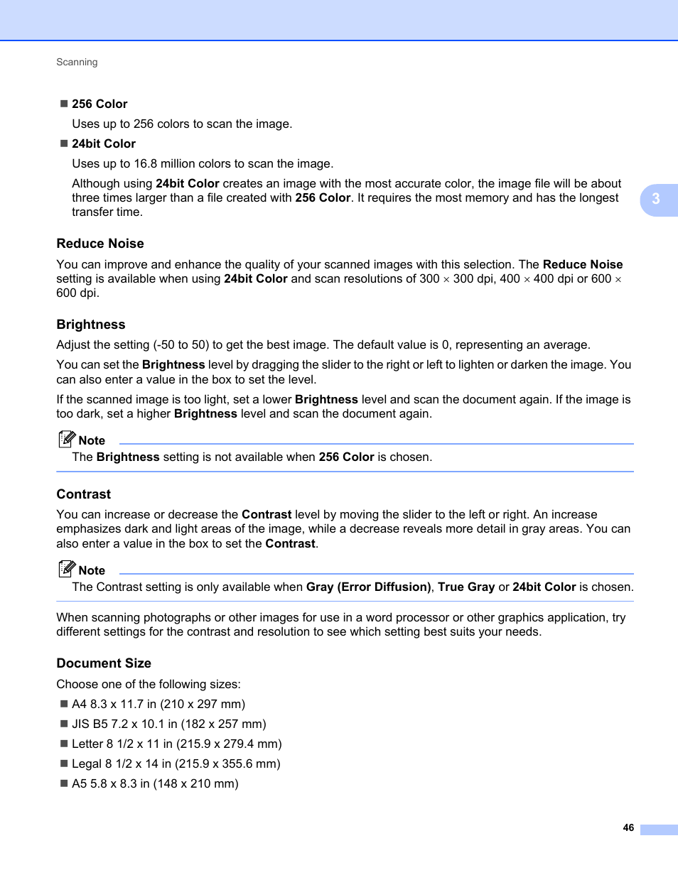 Reduce noise, Brightness, Contrast | Document size | Brother MFC 7360N User Manual | Page 54 / 218