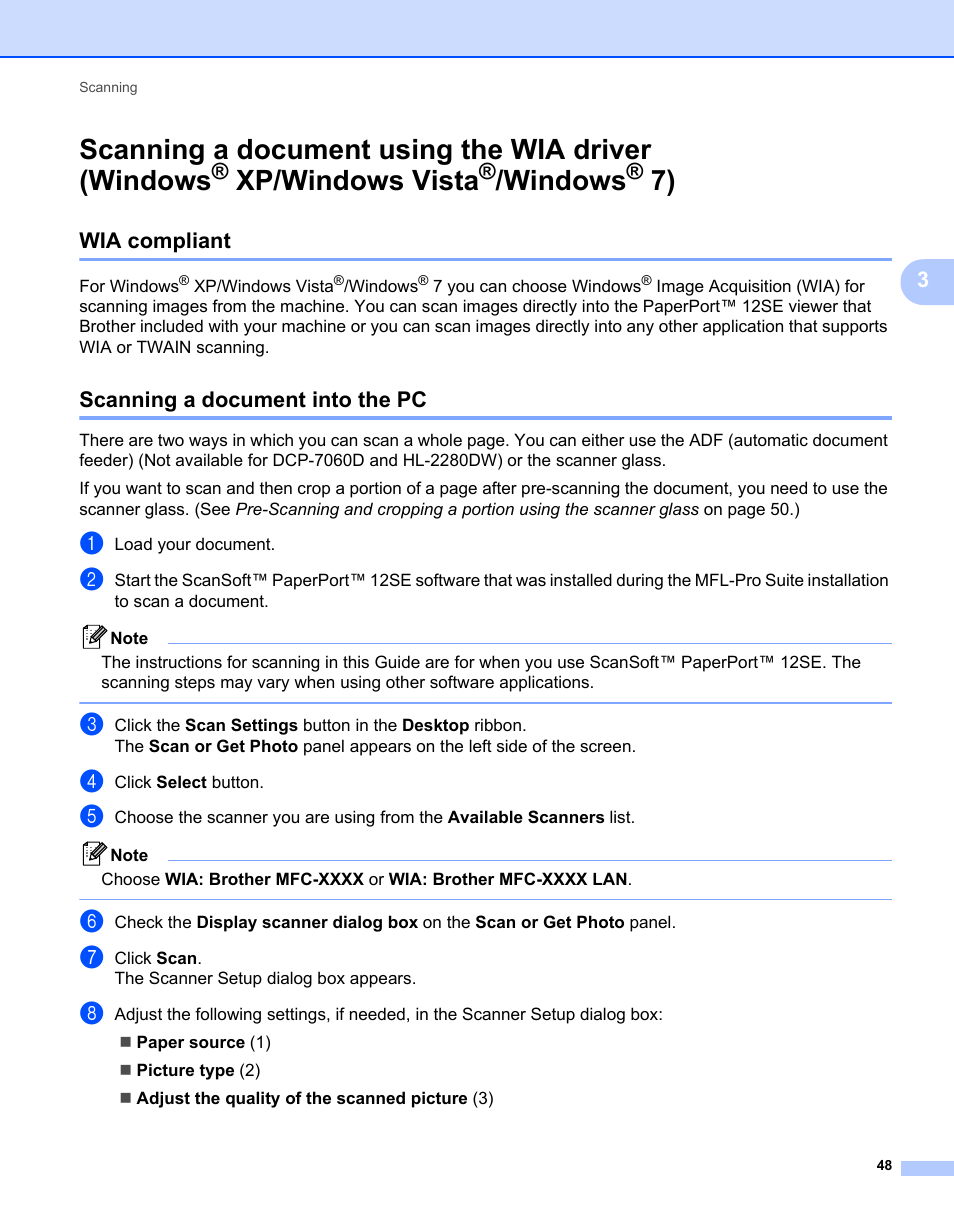 Wia compliant, Scanning a document into the pc, Scanning a document using the wia driver | Windows, Xp/windows vista, Wia compliant scanning a document into the pc, Scanning a, Document using the wia driver (windows, Scanning a document using the wia driver (windows | Brother MFC 7360N User Manual | Page 56 / 218