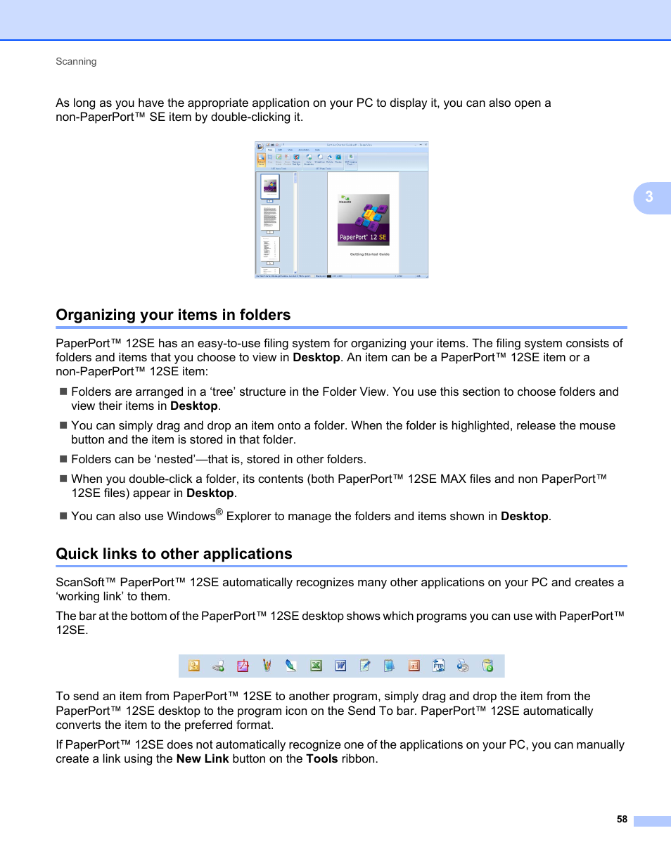 Organizing your items in folders, Quick links to other applications | Brother MFC 7360N User Manual | Page 66 / 218