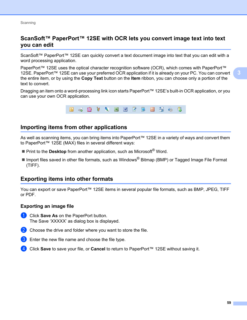 Importing items from other applications, Exporting items into other formats, Exporting an image file | Brother MFC 7360N User Manual | Page 67 / 218