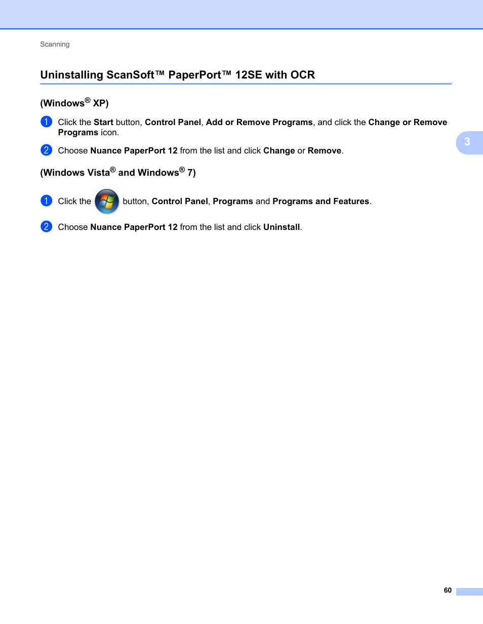 Uninstalling scansoft™ paperport™ 12se with ocr, Windows® xp), Windows vista® and windows® 7) | 3uninstalling scansoft™ paperport™ 12se with ocr | Brother MFC 7360N User Manual | Page 68 / 218