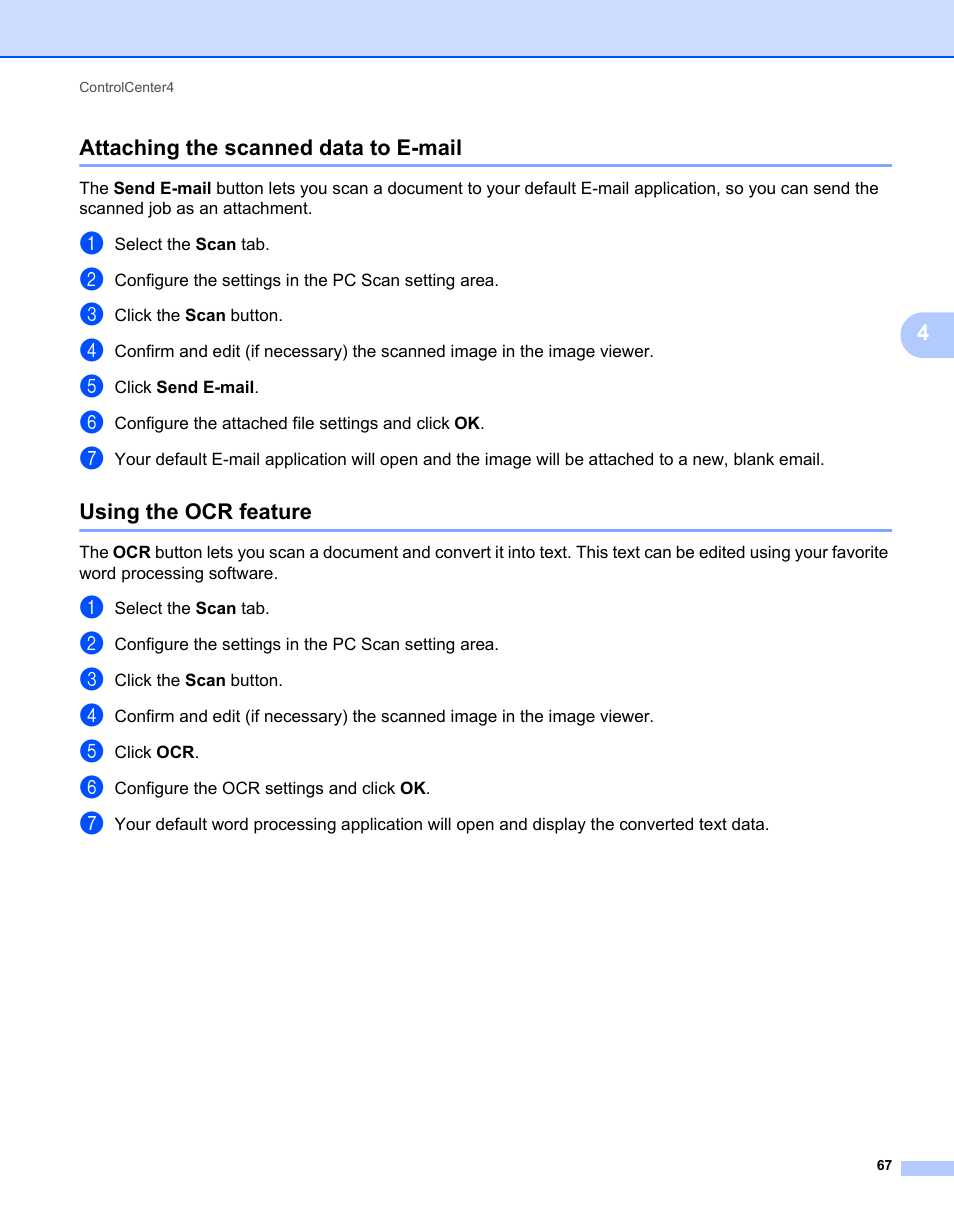 Attaching the scanned data to e-mail, Using the ocr feature | Brother MFC 7360N User Manual | Page 75 / 218