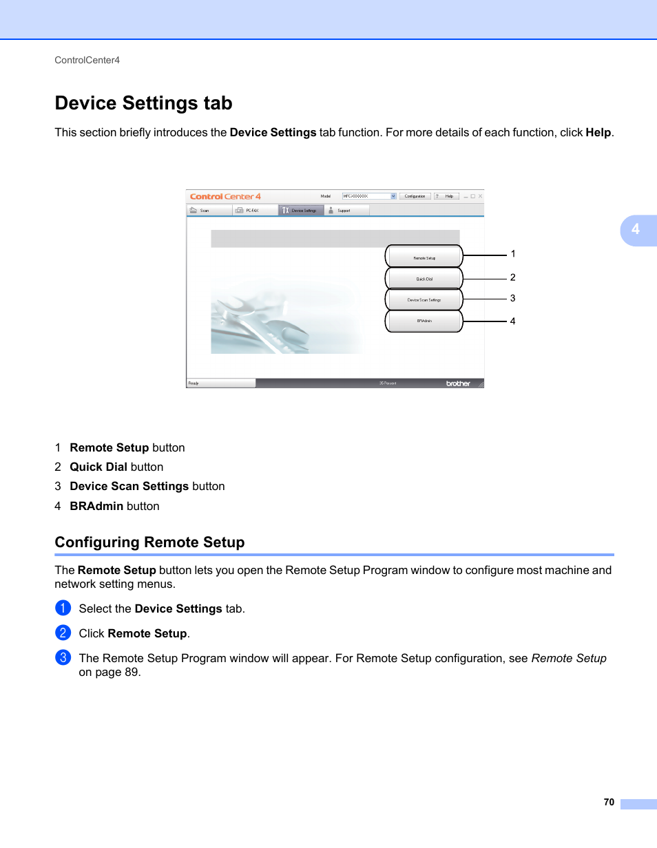 Device settings tab, Configuring remote setup | Brother MFC 7360N User Manual | Page 78 / 218