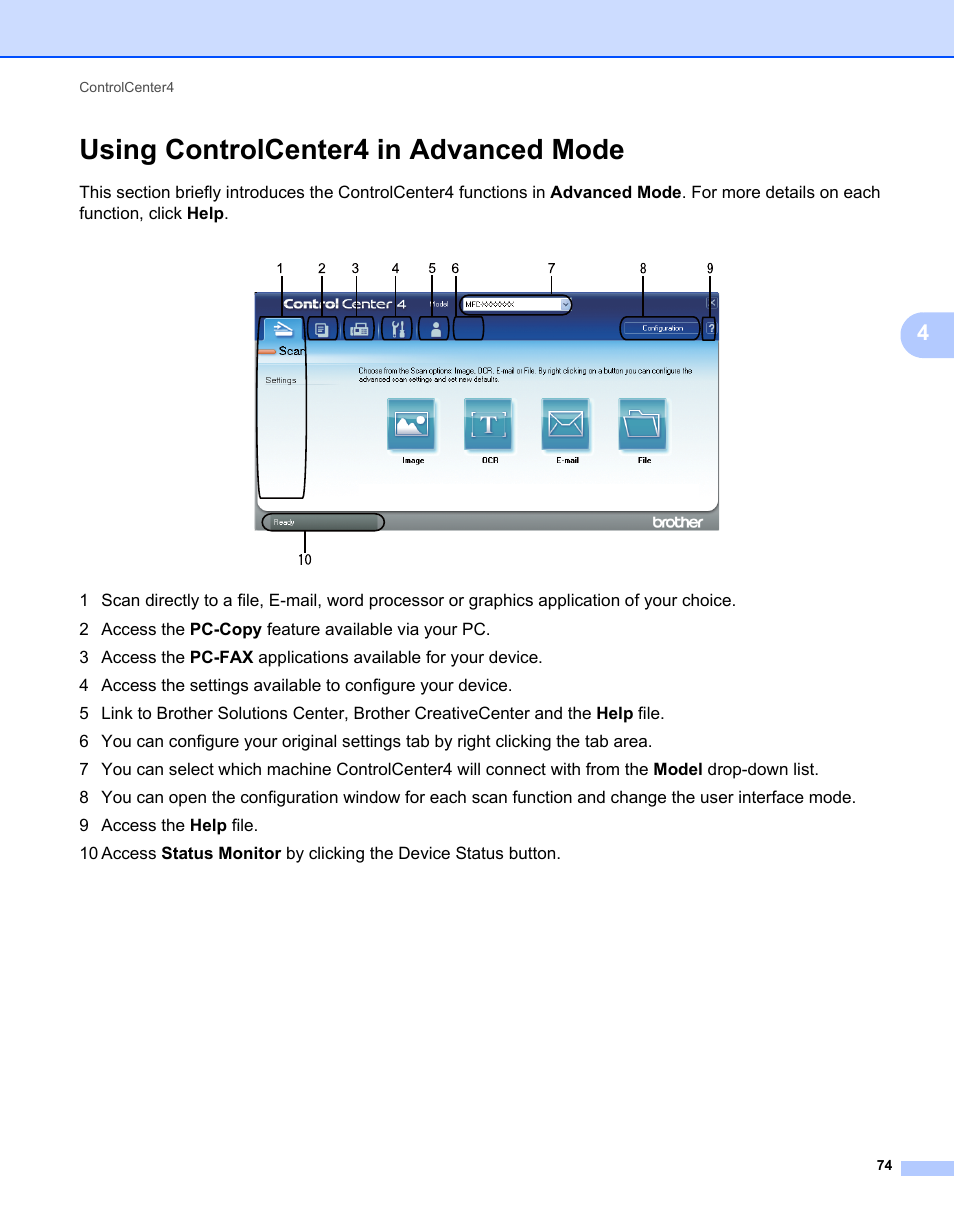 Using controlcenter4 in advanced mode | Brother MFC 7360N User Manual | Page 82 / 218