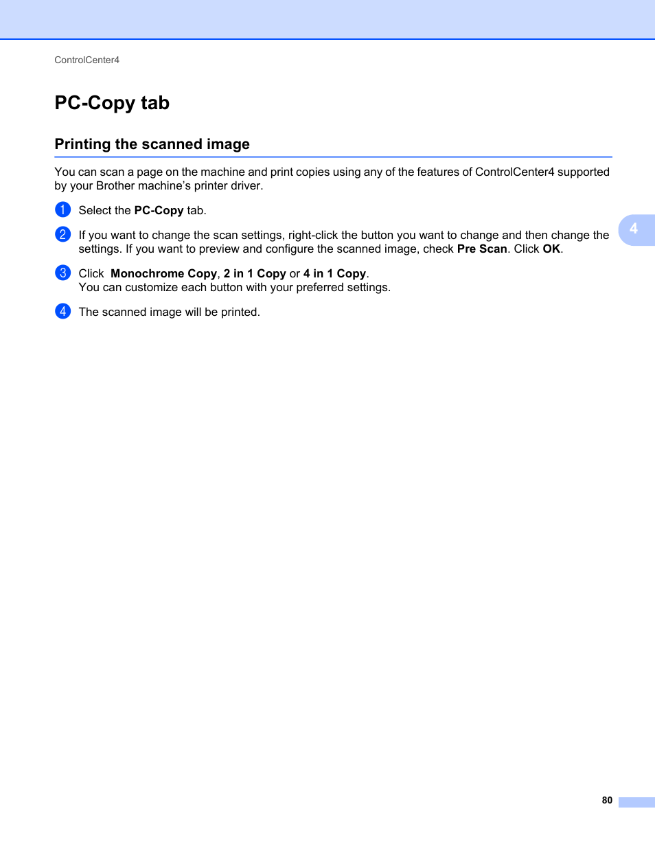 Pc-copy tab, Printing the scanned image | Brother MFC 7360N User Manual | Page 88 / 218