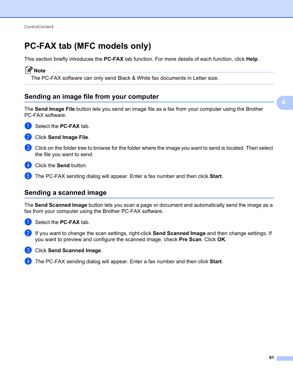 Pc-fax tab (mfc models only), Sending an image file from your computer, Sending a scanned image | Brother MFC 7360N User Manual | Page 89 / 218