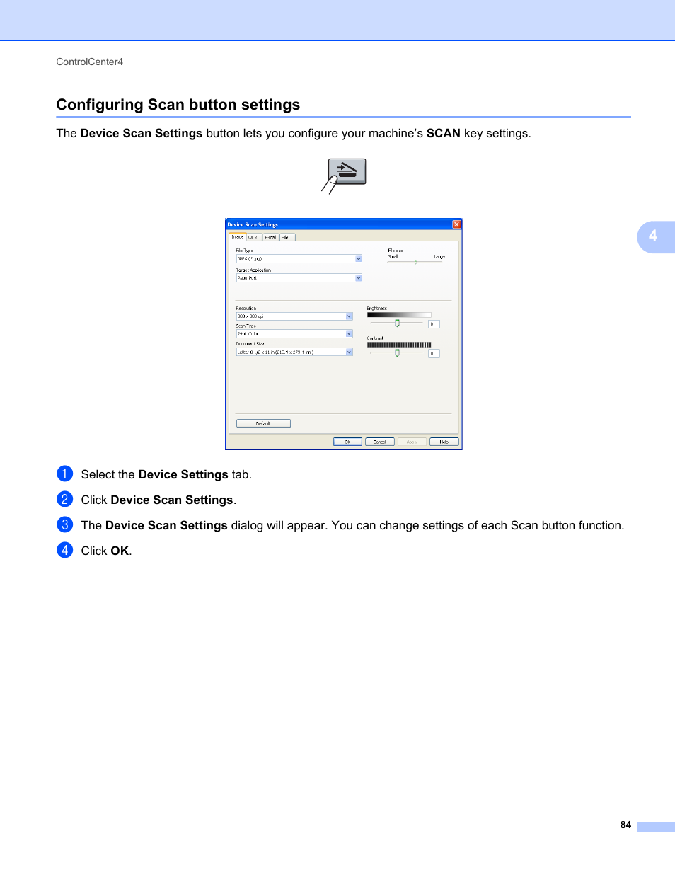 Configuring scan button settings, 4configuring scan button settings | Brother MFC 7360N User Manual | Page 92 / 218