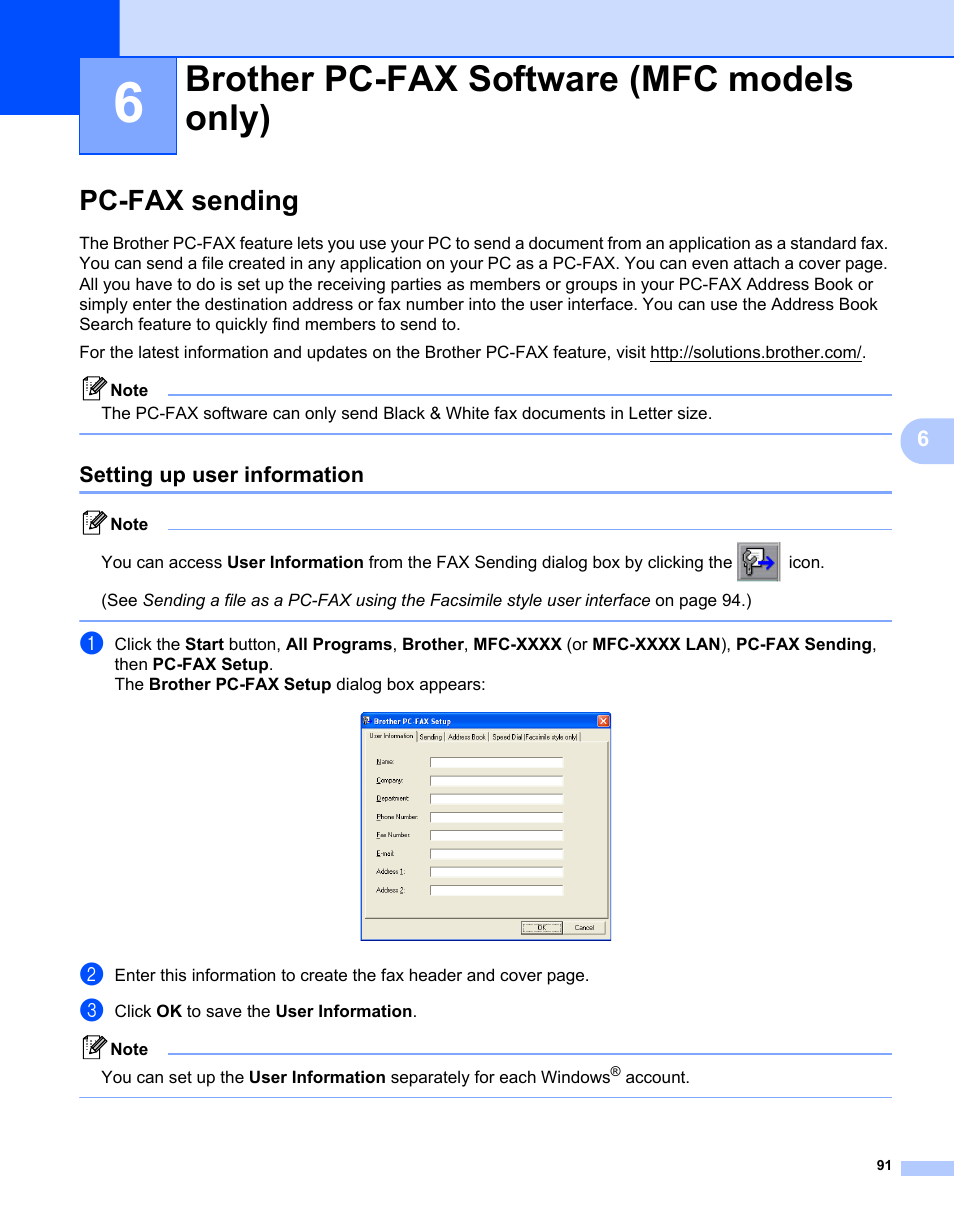 6 brother pc-fax software (mfc models only), Pc-fax sending, Setting up user information | Brother pc-fax software (mfc models only) | Brother MFC 7360N User Manual | Page 99 / 218