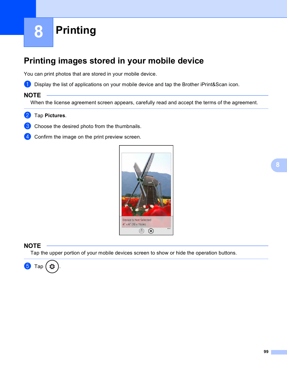 8 printing, Printing images stored in your mobile device, Printing | Brother Mobile Print/Scan for Brother iPrint&Scan User Manual | Page 103 / 115