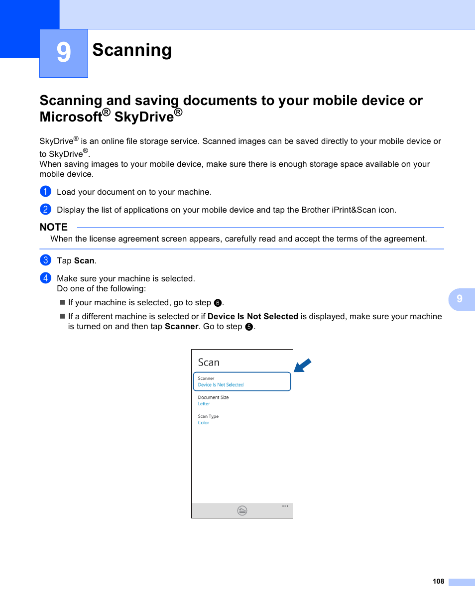 9 scanning, Scanning, Skydrive | Brother Mobile Print/Scan for Brother iPrint&Scan User Manual | Page 112 / 115