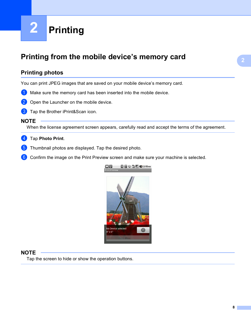 2 printing, Printing from the mobile device’s memory card, Printing photos | Printing | Brother Mobile Print/Scan for Brother iPrint&Scan User Manual | Page 12 / 115