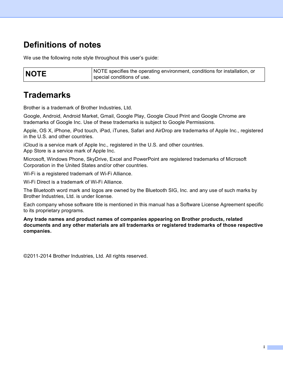 Definitions of notes, Trademarks | Brother Mobile Print/Scan for Brother iPrint&Scan User Manual | Page 2 / 115