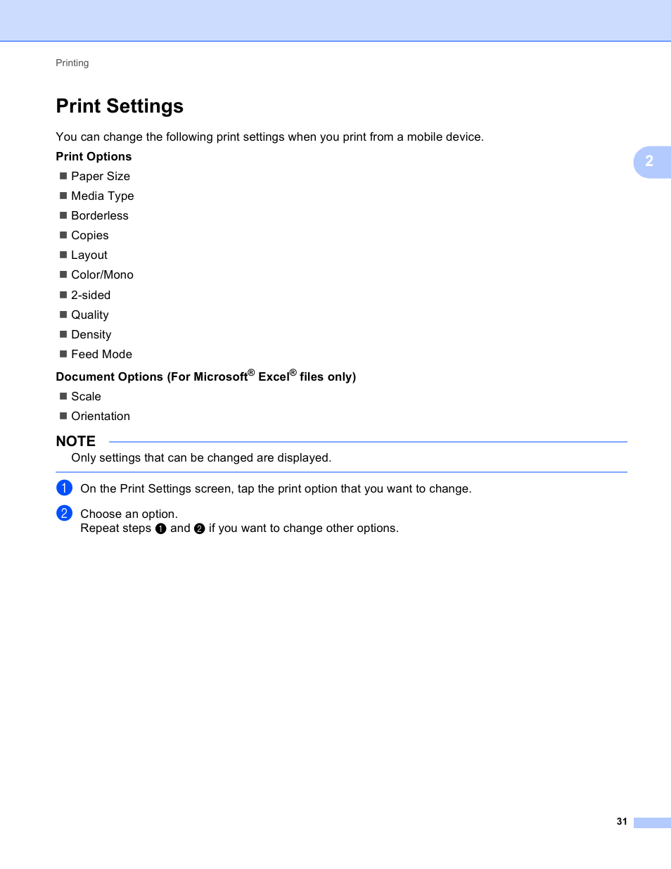 Print settings | Brother Mobile Print/Scan for Brother iPrint&Scan User Manual | Page 35 / 115