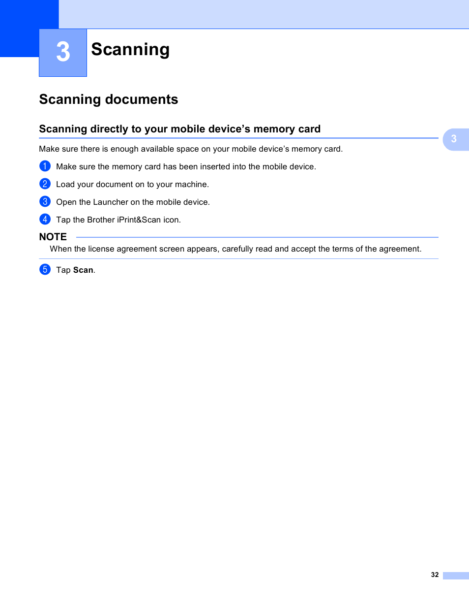 3 scanning, Scanning documents, Scanning | Brother Mobile Print/Scan for Brother iPrint&Scan User Manual | Page 36 / 115